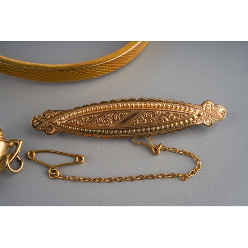 614 - Collection of gold  items to include 15 ct gold bangle (7.9g), 2 9 ct gold pendants and chains, char... 