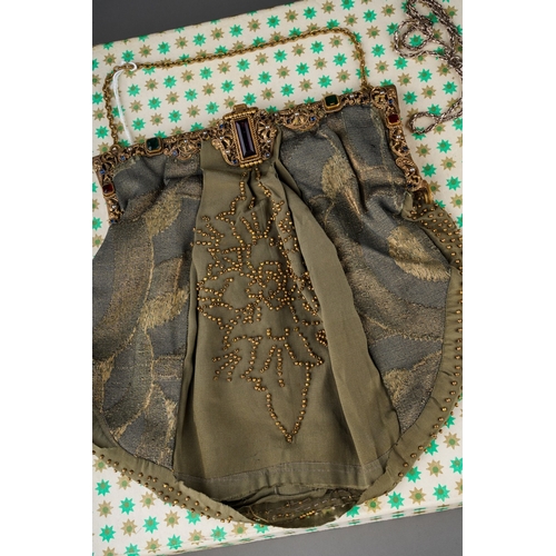 617 - An early 20th century gilt metal and paste set ladies evening bag and a quantity of late Victorian s... 