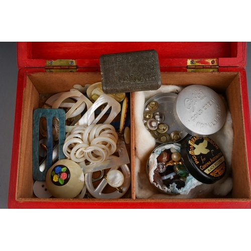 618 - A box containing 19th and 20th century mother of pearl objects, tins of mother of pearl and glass st... 