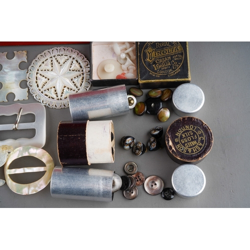 618 - A box containing 19th and 20th century mother of pearl objects, tins of mother of pearl and glass st... 