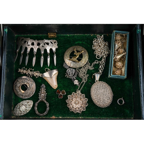 619 - A jewellery box containing silver and white metal jewellery, including a hallmarked hair comb, a hal... 