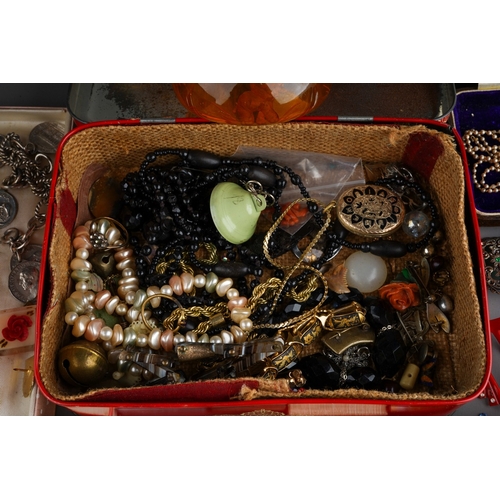 620 - A quantity of gold, costume and semi precious jewellery, including an 18ct gold ring set with two di... 