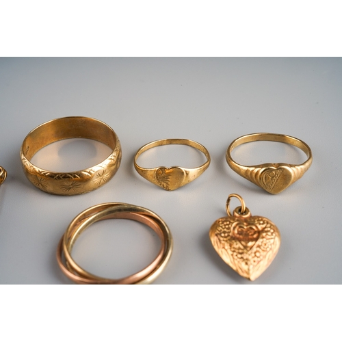 639 - Collection of 9 ct gold rings to include 3 colour link ring, 2 heart shaped and one wedding band,  t... 