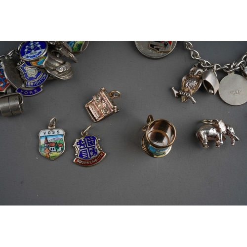 658 - Collection of silver charms on 3 bracelet with enamelled and various other charms. Gross weight 201g