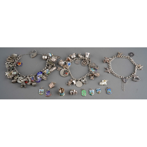 658 - Collection of silver charms on 3 bracelet with enamelled and various other charms. Gross weight 201g