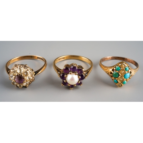 659 - Three ladies 9ct gold dress rings set with various semi precious stones, gross weight 8.1g