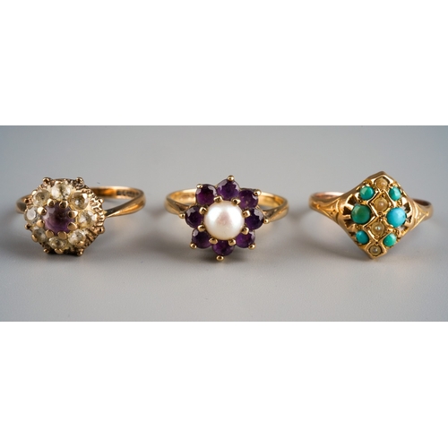 659 - Three ladies 9ct gold dress rings set with various semi precious stones, gross weight 8.1g