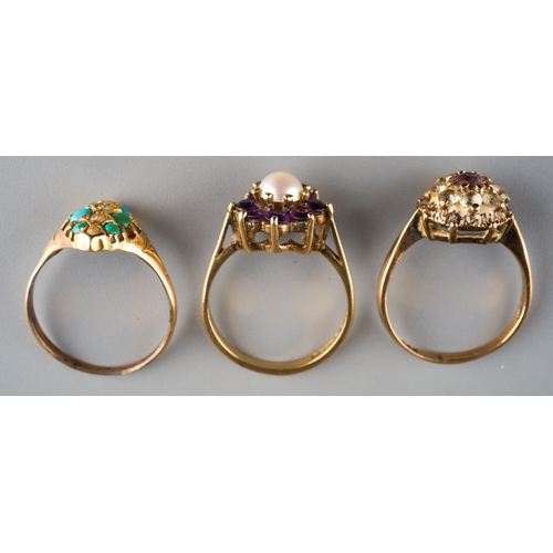 659 - Three ladies 9ct gold dress rings set with various semi precious stones, gross weight 8.1g