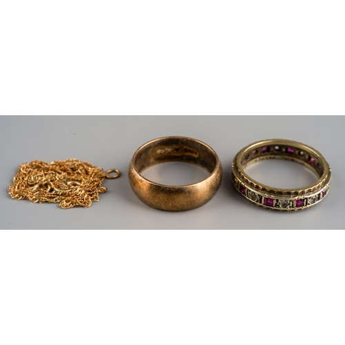 660 - Two 9ct gold bands, one eternity ring set with diamonds and rubies and one gold chain, gross weight ... 