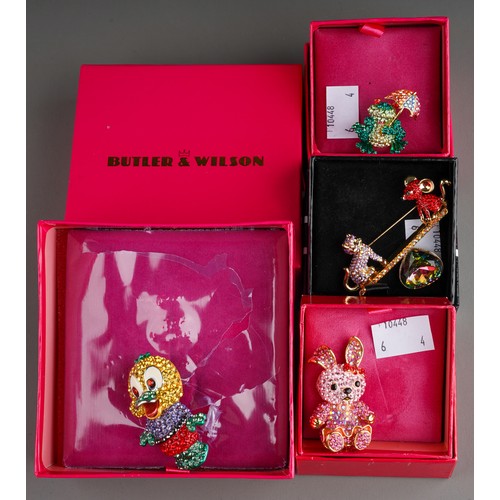 678 - Costume: a collection of four boxed Butler & Wilson brooches to include: Cat & Mouse on seesaw, Duck... 