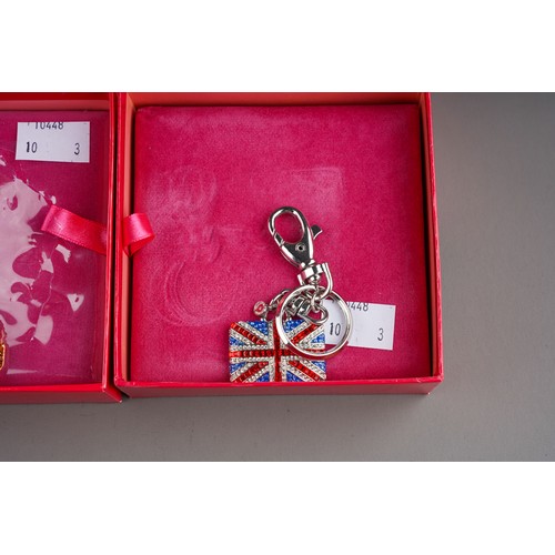 682 - Costume: three Butler & Wilson boxed key rings to include: Union Jack, Porter Teddy and Kingfisher w... 