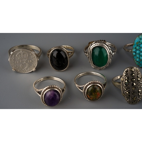 694 - Ten silver rings, set with marcasites and various semi precious stones (10)