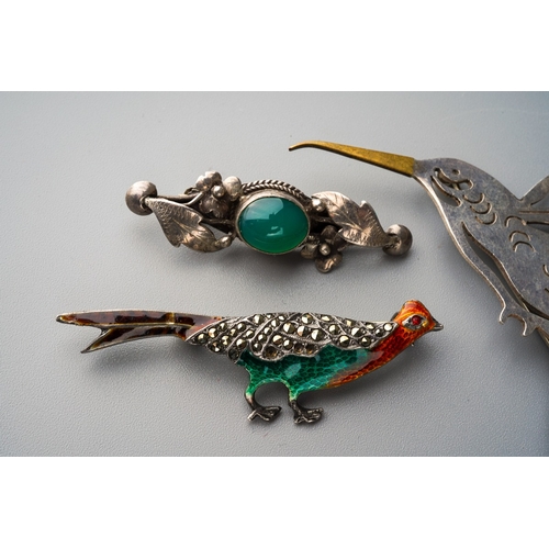 695 - Three novelty silver white metal brooches and a novelty pendant, including an enamel and marcasite p... 