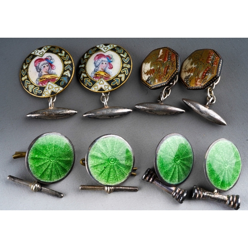 709 - 4 pairs of cuflinks to include a pair of satsuma ones, two sets of hallmarked silver and green ename... 