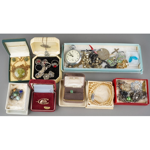 712 - A group lot of assorted costume jewellery, 1935 Crown, marcasite jewellery, Australia wishbone brooc... 