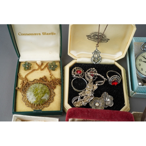 712 - A group lot of assorted costume jewellery, 1935 Crown, marcasite jewellery, Australia wishbone brooc... 