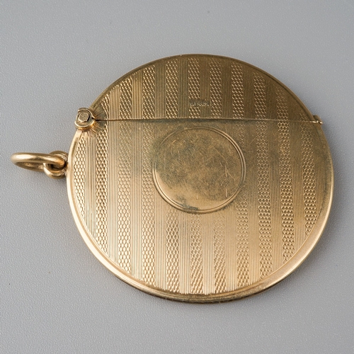 727 - An Edwardian 9ct gold engine turned circular vesta case, with central vacant cartouche, on suspensio... 