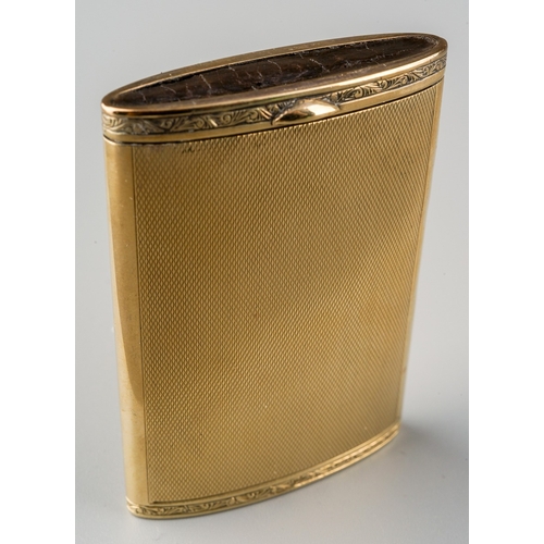 728 - An early 20th Century 9ct gold cushion shaped engine turned vesta case,  with foliate engraved bandi... 