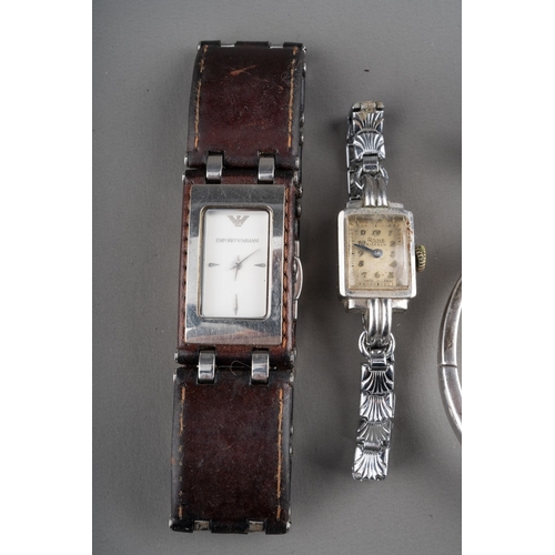 745 - White metal ( marked 925) bangle watch by Quinn, Men's vintage Emporio Armani wrist watch with origi... 