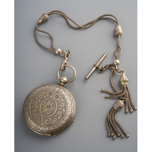 747 - Continental white metal watch (marked 800) and a white metal  fob chain with tassels. Gross weight 6... 