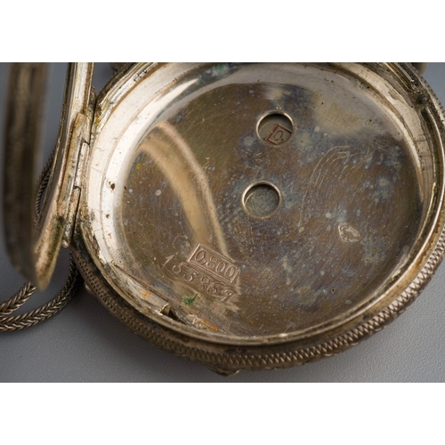 747 - Continental white metal watch (marked 800) and a white metal  fob chain with tassels. Gross weight 6... 