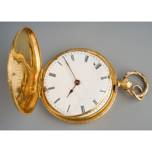 749 - 18 ct Fob watch with engraved flowers to front and back. Marked 'Echappement a cylindre HUIT trous e... 