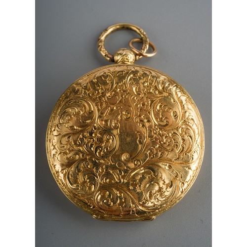 749 - 18 ct Fob watch with engraved flowers to front and back. Marked 'Echappement a cylindre HUIT trous e... 