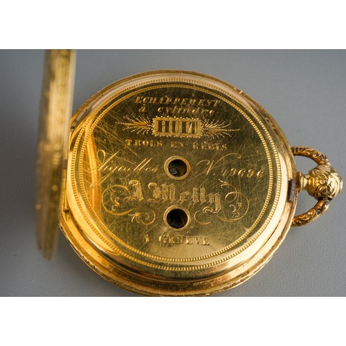 749 - 18 ct Fob watch with engraved flowers to front and back. Marked 'Echappement a cylindre HUIT trous e... 