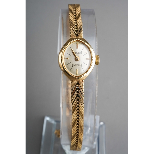 755 - 9ct Gold Acurist Ladies wrist watch with 9 ct gold strap, gross weight 17.3g