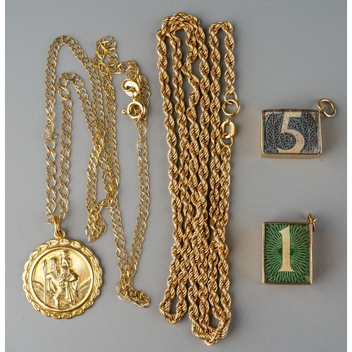 762 - Two 9 ct gold money blocks, 9 ct gold chain, 9 ct gold religious pendant on chain. Gross weight appr... 