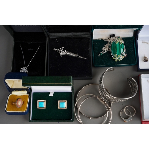 775 - Collection of silver jewellery to include blue john pendant and earrings, amber and silver brooches,... 