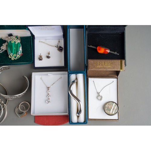 775 - Collection of silver jewellery to include blue john pendant and earrings, amber and silver brooches,... 