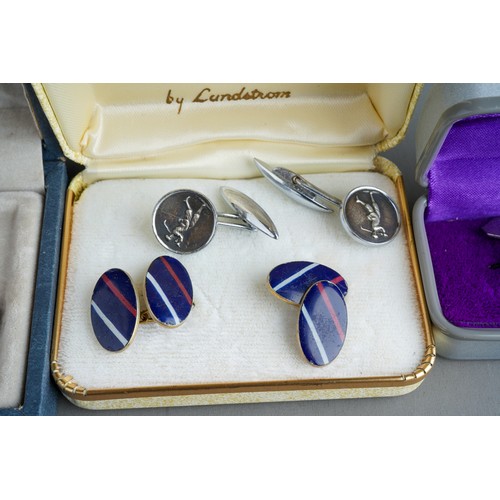 780 - Two pairs of silver Men's cufflinks; pair of plated cufflinks with golfing, silver tie pin etc