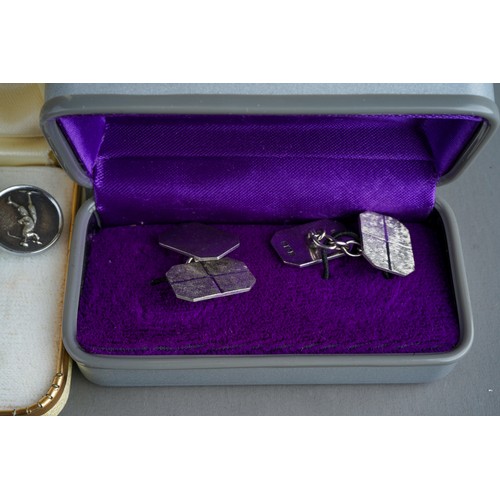 780 - Two pairs of silver Men's cufflinks; pair of plated cufflinks with golfing, silver tie pin etc