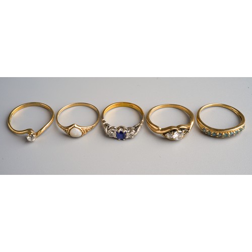 795 - Collection of 5 9k gold rings, set with opals, sapphire, diamond chips etc. gross weight 8.7g