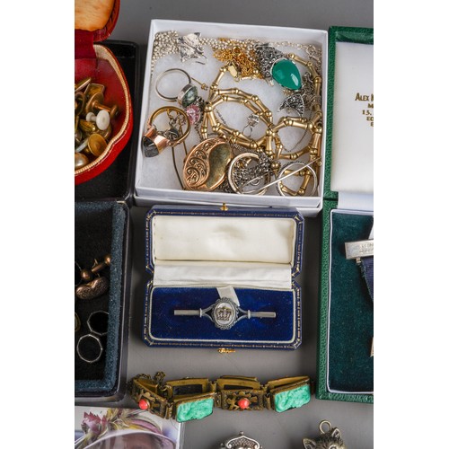 798 - Silver Seniors Quaich medal in original box, silver ladies 1930s marcasite watch, white metal with y... 