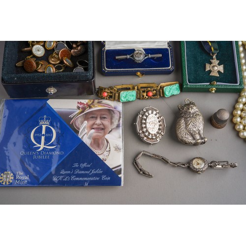 798 - Silver Seniors Quaich medal in original box, silver ladies 1930s marcasite watch, white metal with y... 