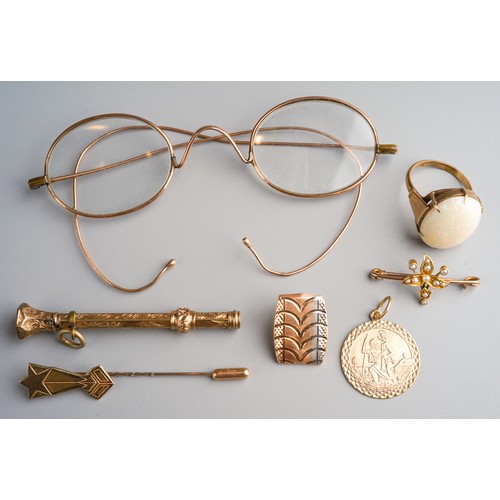 799 - Yellow metal (test as 9k gold) spectacles, 9k gold scarf pin, yellow metal and seed pearl brooch, 9k... 