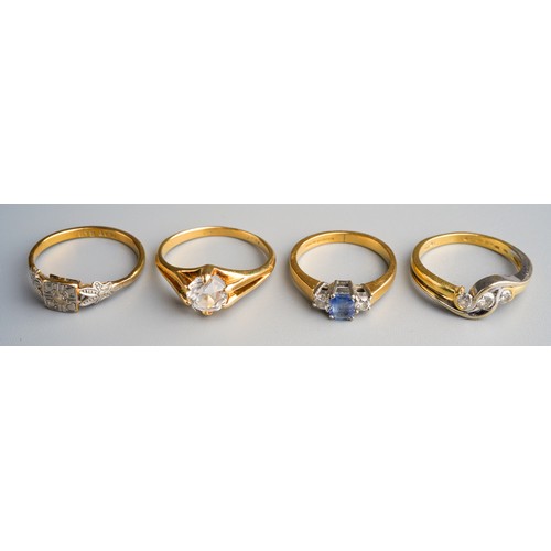 804 - Four 18k gold rings set with various stones including diamonds, total gross weight 13.5g