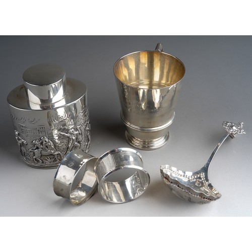 806 - An Edwardian silver tea cannister and cover, the body embossed with Classical figures and various Te... 