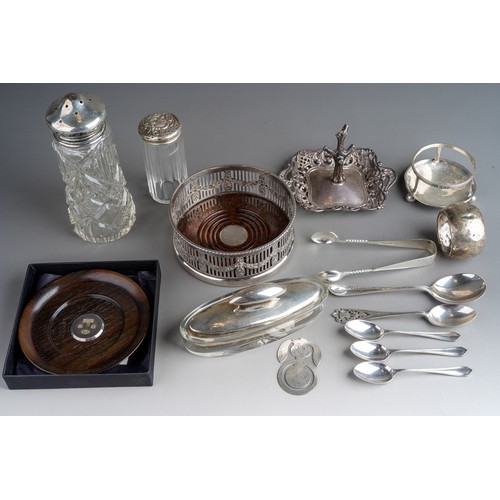 807 - A collection of silver to include: sugar caster with domed silver cover; a Bunny page marker, flatwa... 