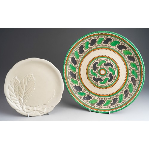 810 - A Crown Ducal Charlotte Rhead no pattern 4298 charger, tubed lined green interlaced decoration, stam... 