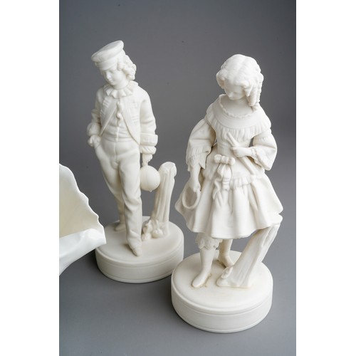 816 - A pair of 19th Century parian figures modelled as a boy with ball and girl with a hoop and sticks, a... 