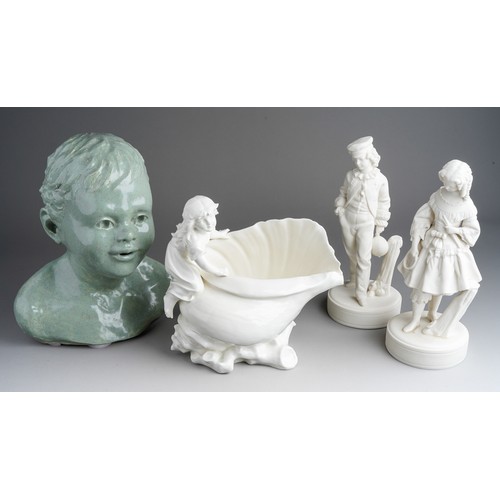 816 - A pair of 19th Century parian figures modelled as a boy with ball and girl with a hoop and sticks, a... 