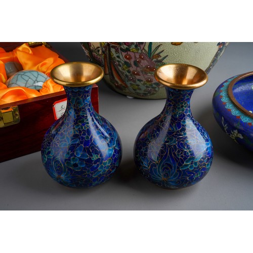 819 - A boxed set of two Chinese Modern porcelain vases together with a pair of Cloisonne vases; a Cloison... 