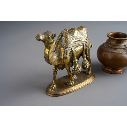 826 - Asian brass camel; pair of Chinese bronze small vases and a lota pouring vessel (4)