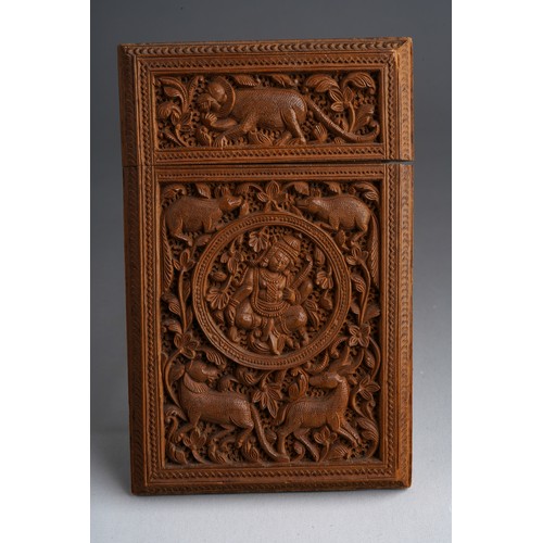 829 - Cantonese carved sandalwood card case, 19th Century, rectangular, carved throughout with figures , a... 