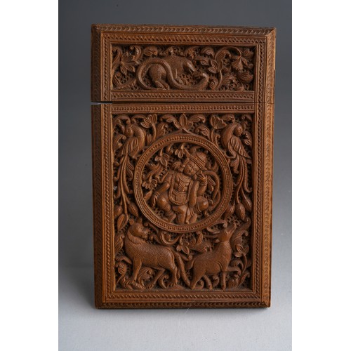 829 - Cantonese carved sandalwood card case, 19th Century, rectangular, carved throughout with figures , a... 