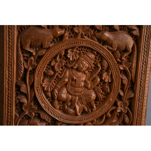 829 - Cantonese carved sandalwood card case, 19th Century, rectangular, carved throughout with figures , a... 