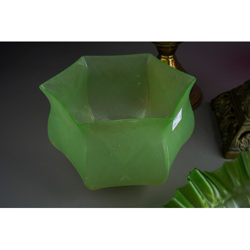 841 - Two brass base oil lamps together with 2 green glass shades and a crystal droplet shade